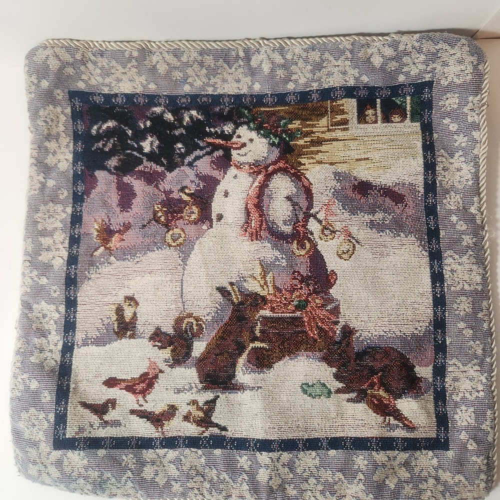Vintage Snowman Winter Woven Tapestry Pillow Cover Snowflake Border 15x14